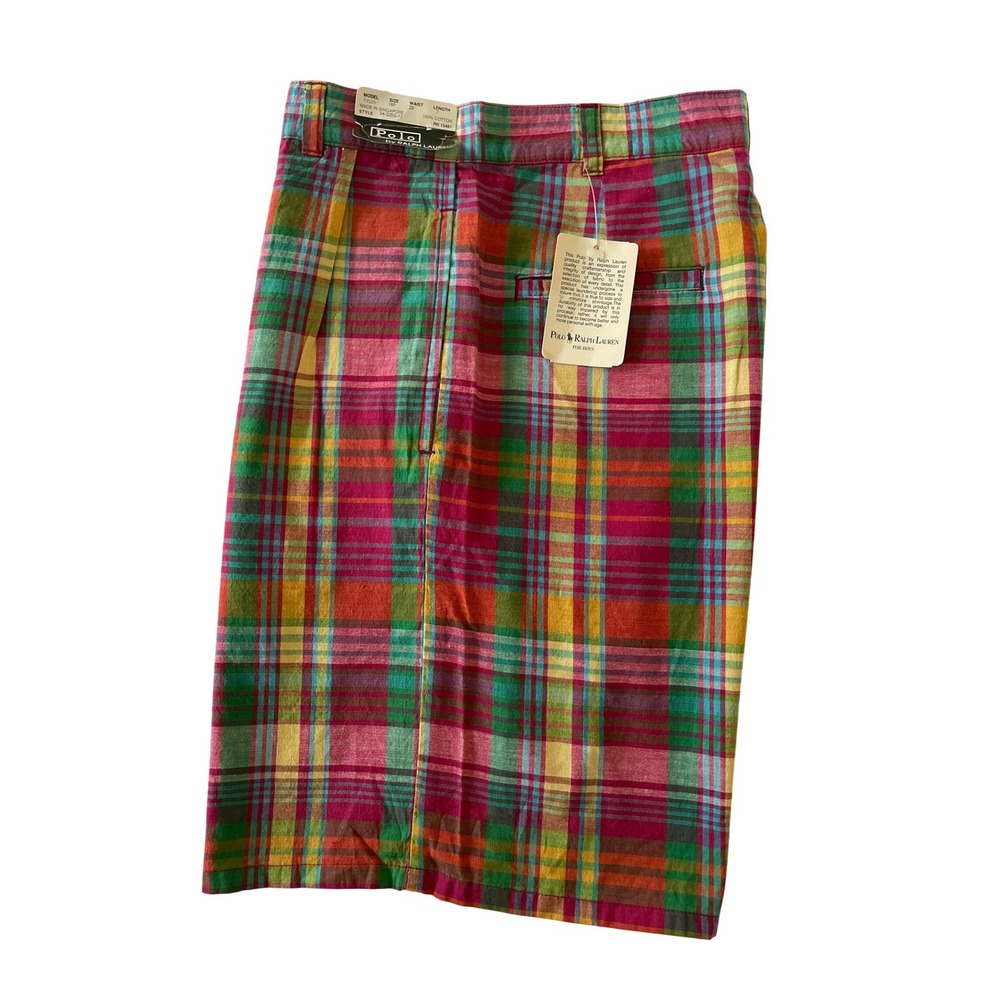 VTG Polo Ralph Lauren Tyler Madras Plaid Shorts Multi Pleated Cotton 18 Prep/29